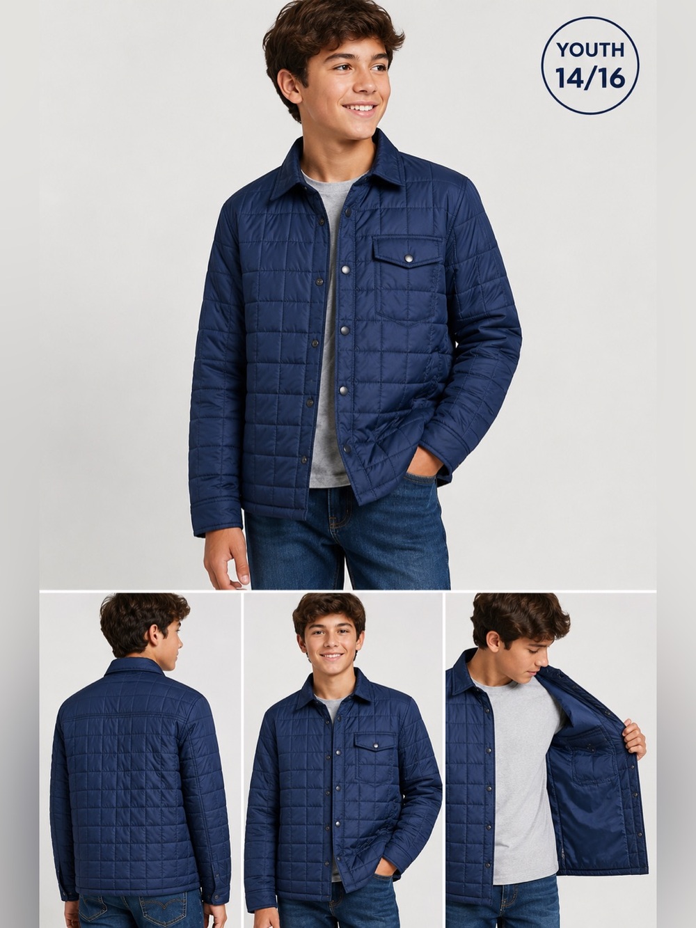 Quiksilver Boys 14/16 Navy Quilted Lightweight Snap Jacket NWOT